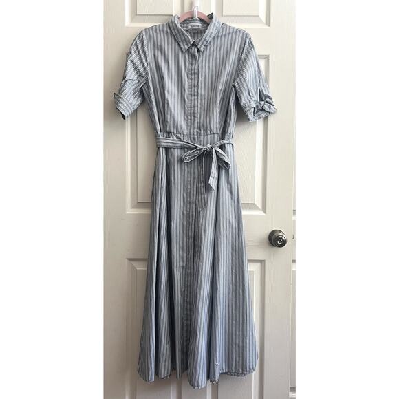 CALVIN KLEIN Blue Striped Button Front Tie Waist Shirt Maxi Dress - Picture 1 of 14